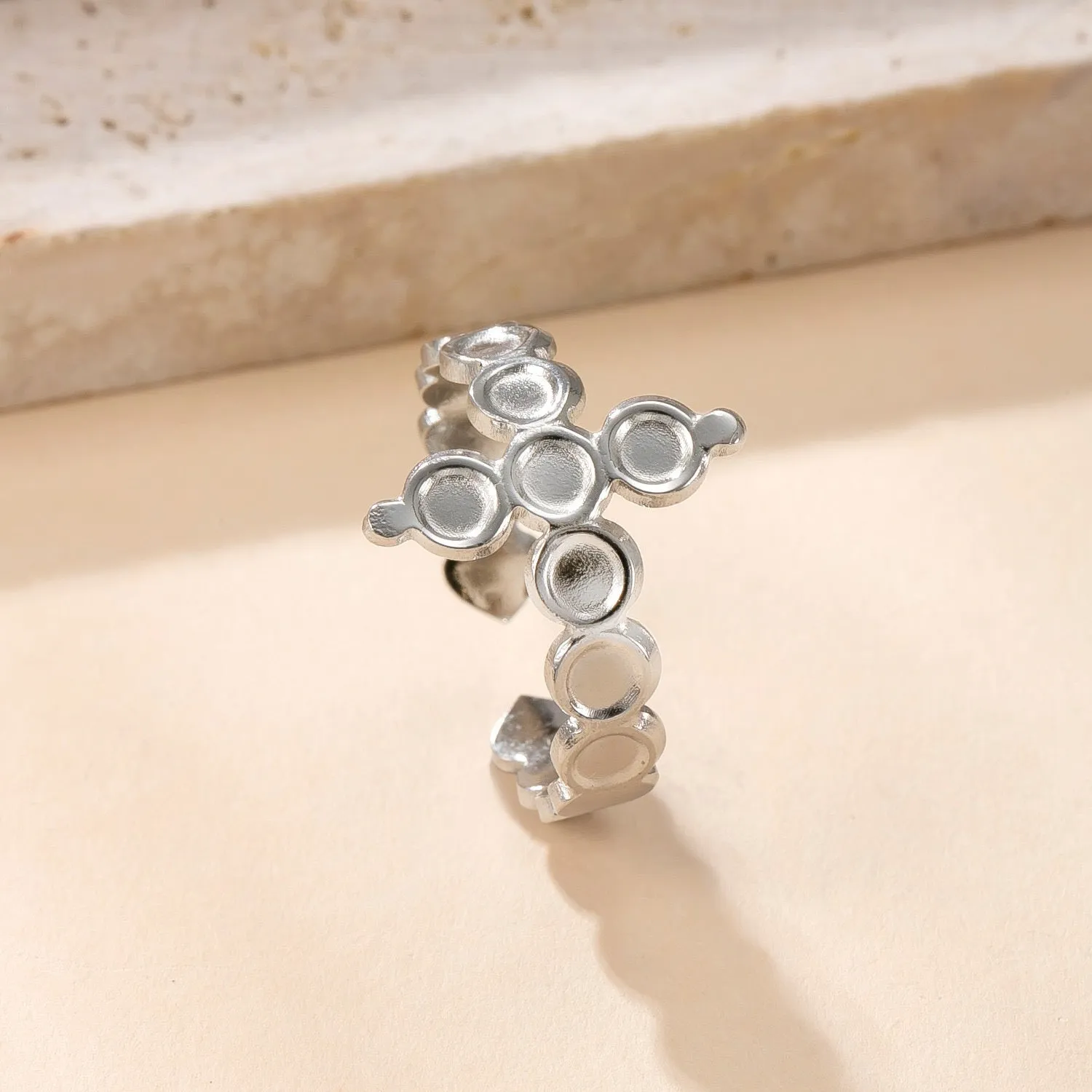 Stainless steel open ring with hollow star and moon design, electroplating finish, unisex average size.