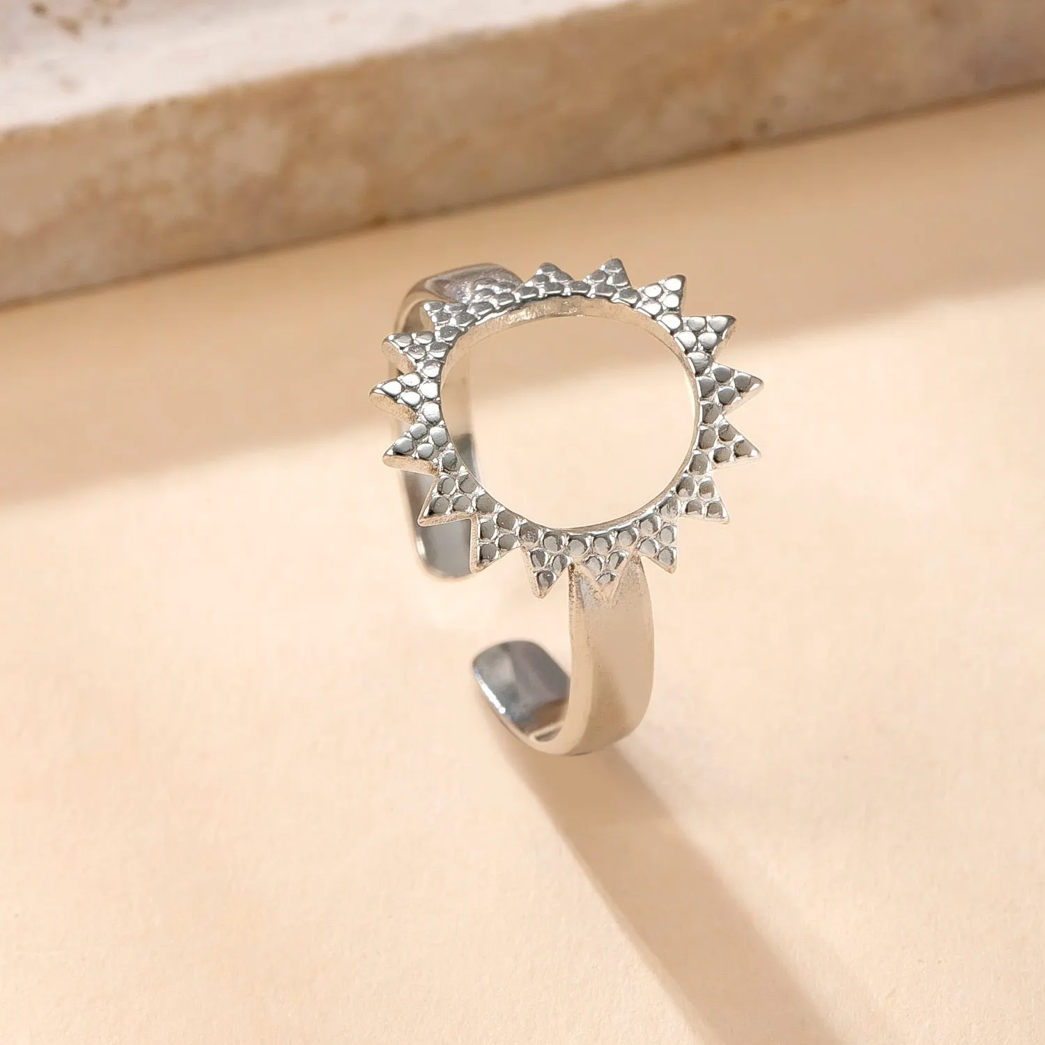 Stainless steel open ring with hollow star and moon design, electroplating finish, unisex average size.