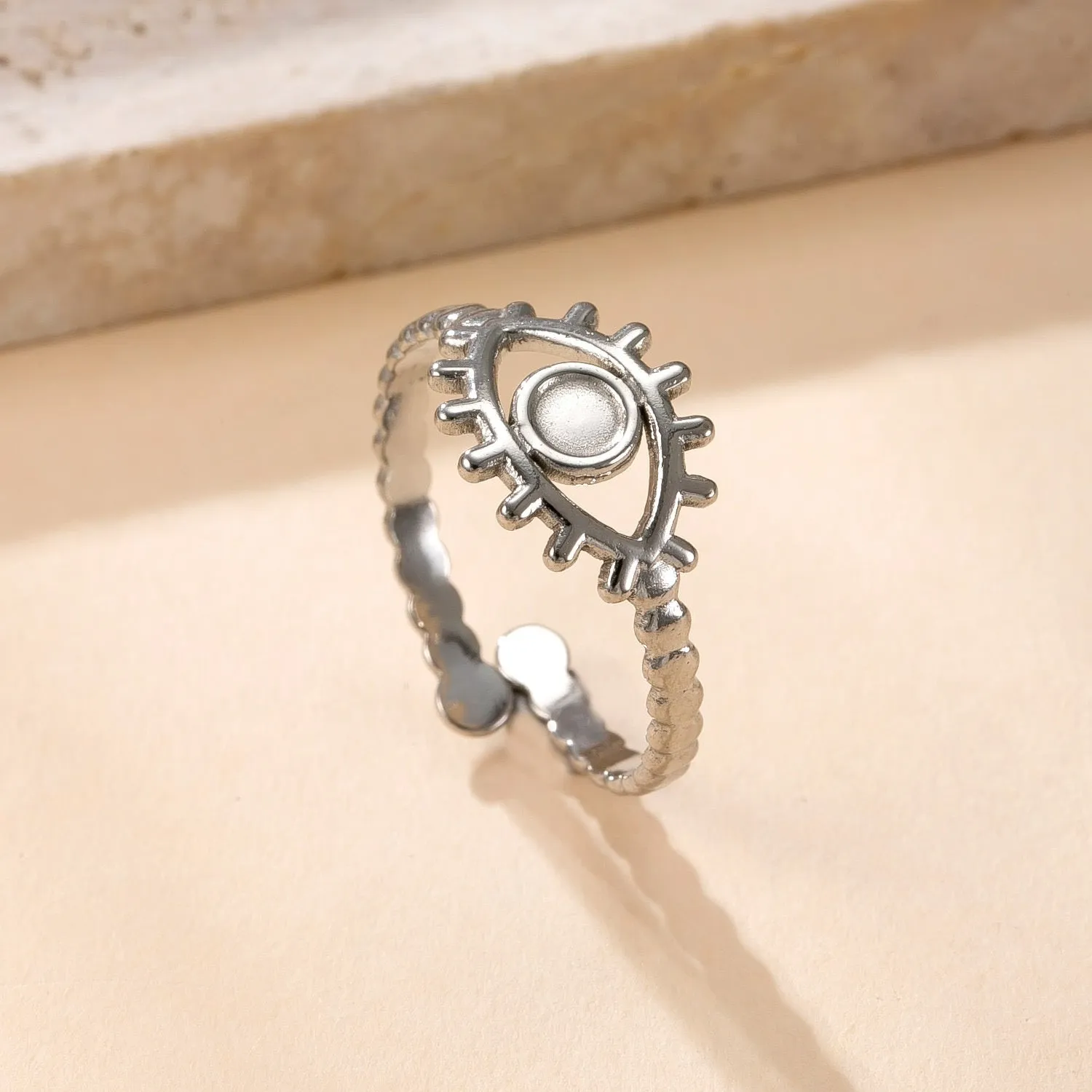 Stainless steel open ring with hollow star and moon design, electroplating finish, unisex average size.