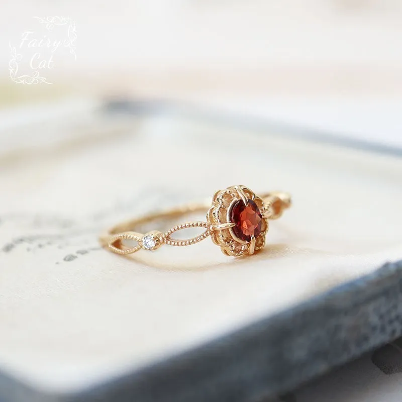 Natural garnet picture frame hollow lace flower ring in adjustable split ring copper with floral motifs