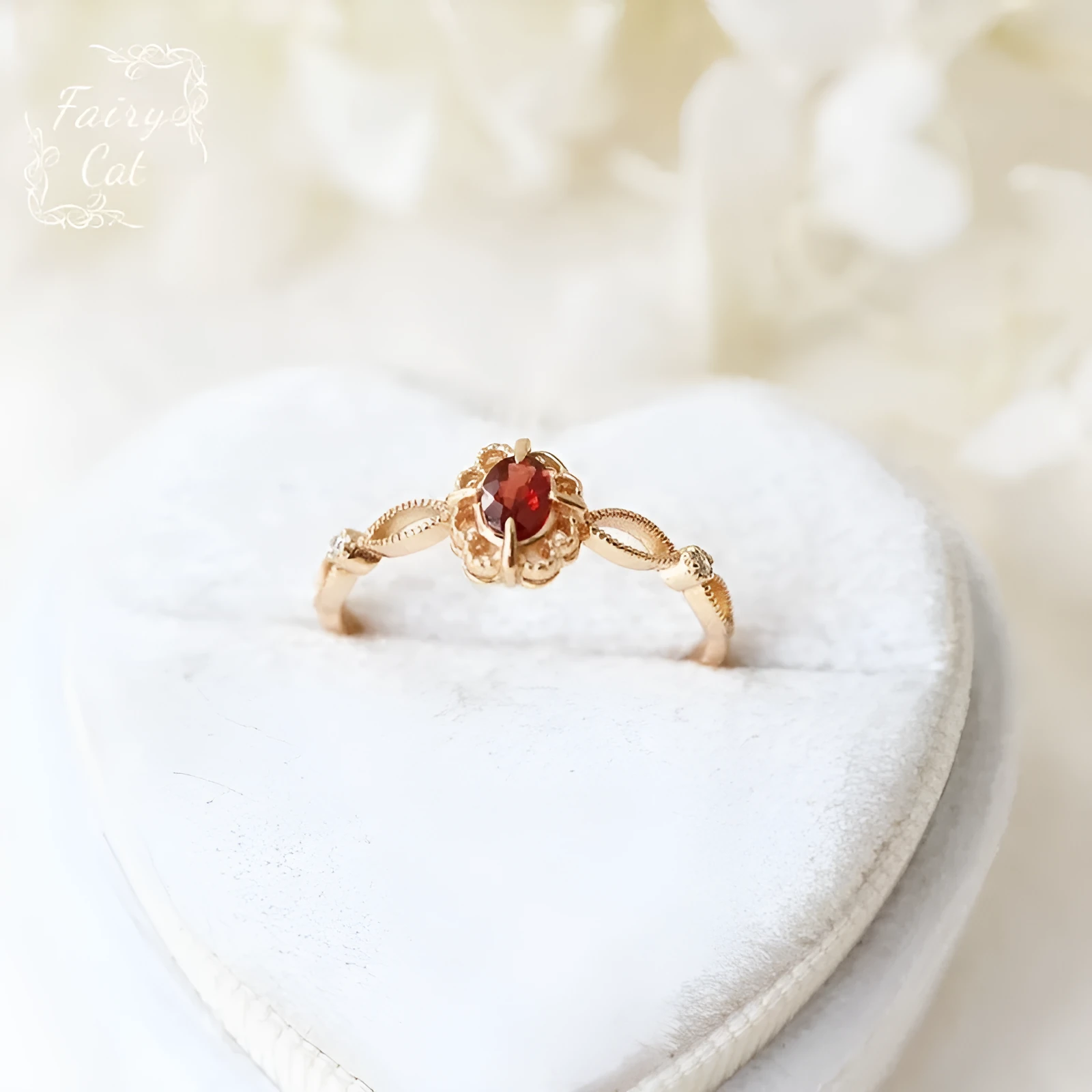 Natural garnet picture frame hollow lace flower ring in adjustable split ring copper with floral motifs