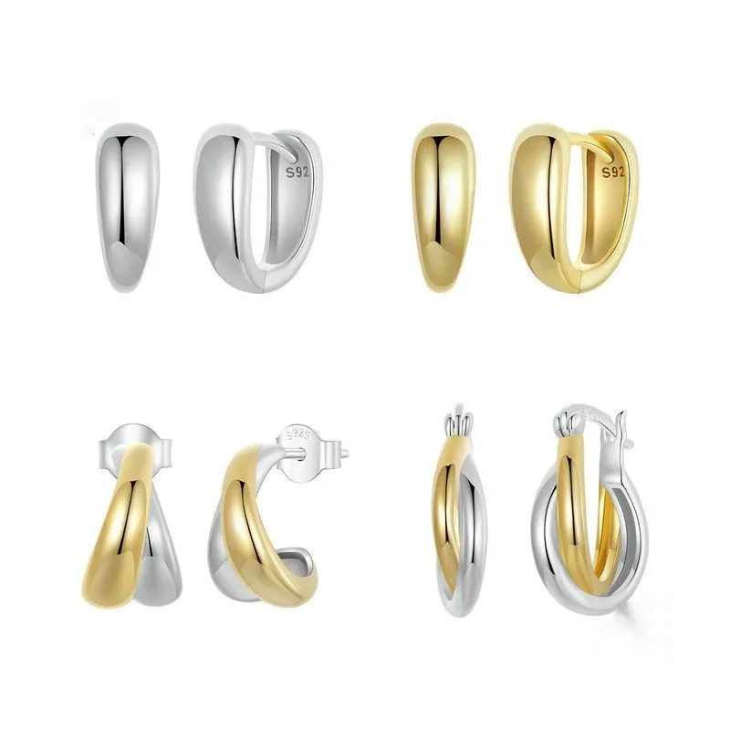 Double ring plain ornament earrings in 925 sterling silver with electroplated finish, women's jewellery