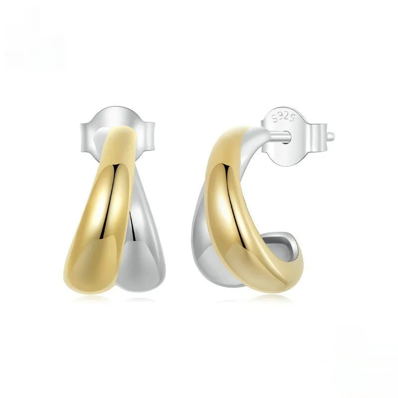 Double ring plain ornament earrings in 925 sterling silver with electroplated finish, women's jewellery