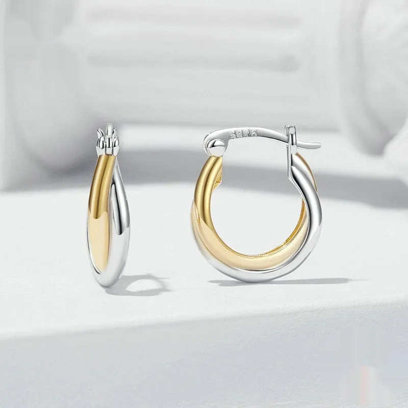 Double ring plain ornament earrings in 925 sterling silver with electroplated finish, women's jewellery