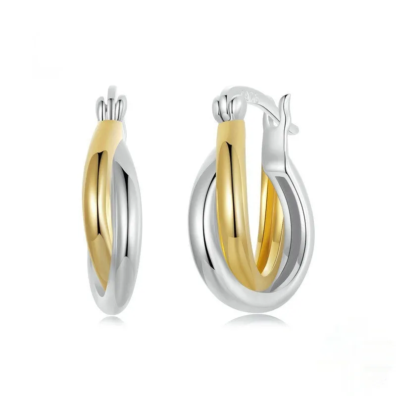 Double ring plain ornament earrings in 925 sterling silver with electroplated finish, women's jewellery