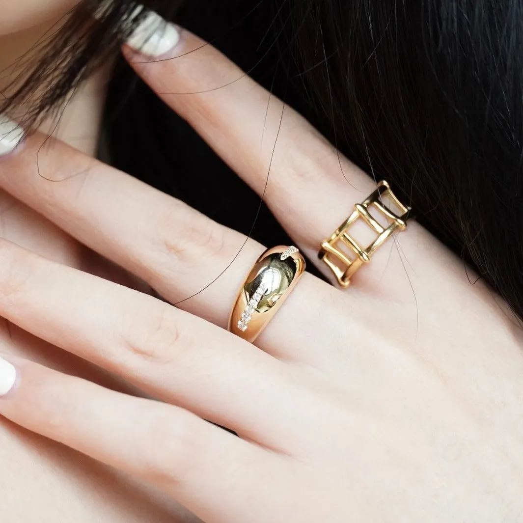 S925 sterling silver geometric ring for women in yellow gold colour with diamond treatment, US sizes 6 to 10