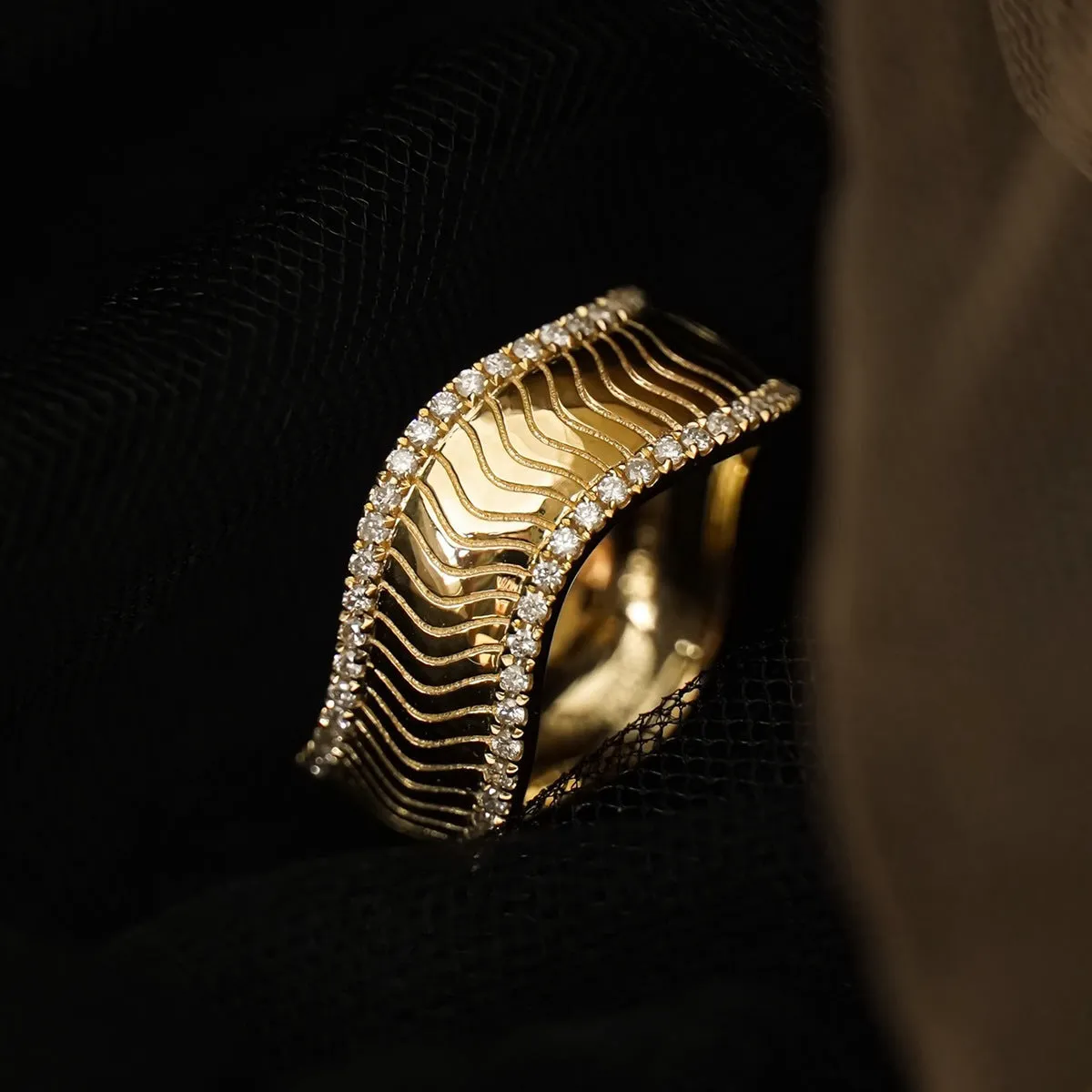 S925 sterling silver geometric yellow gold ring for women, micro inlay finish, on white background