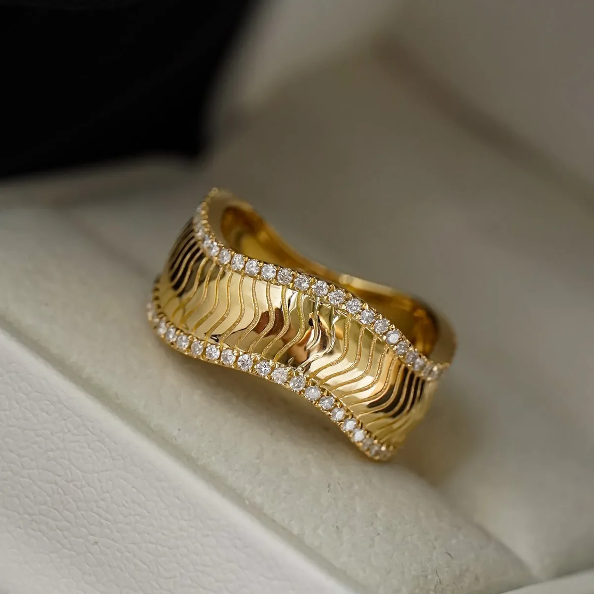 S925 sterling silver geometric yellow gold ring for women, micro inlay finish, on white background