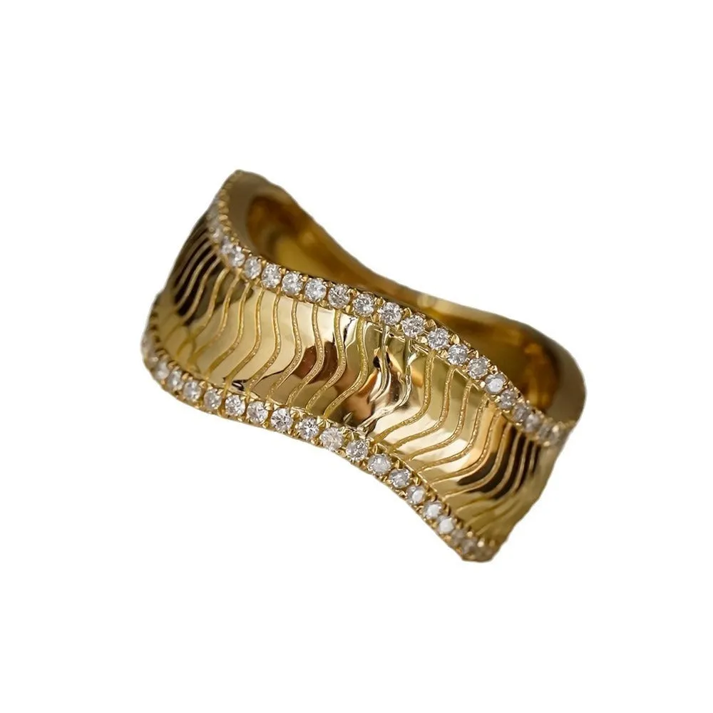 S925 sterling silver geometric yellow gold ring for women, micro inlay finish, on white background