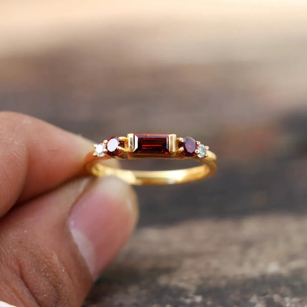 S925 sterling silver ring with redstone inlay on yellow gold band, geometric design, women's US size 7
