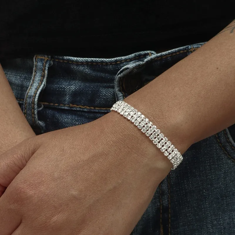 Three Drainage Diamond Bracelet rhinestone flower design women's silver bracelet with multiple row options