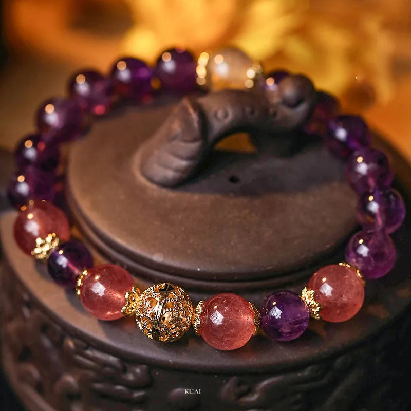 Retro citrine lucky bracelet for women with artificial crystal stones in yellow gold or amethyst colour.