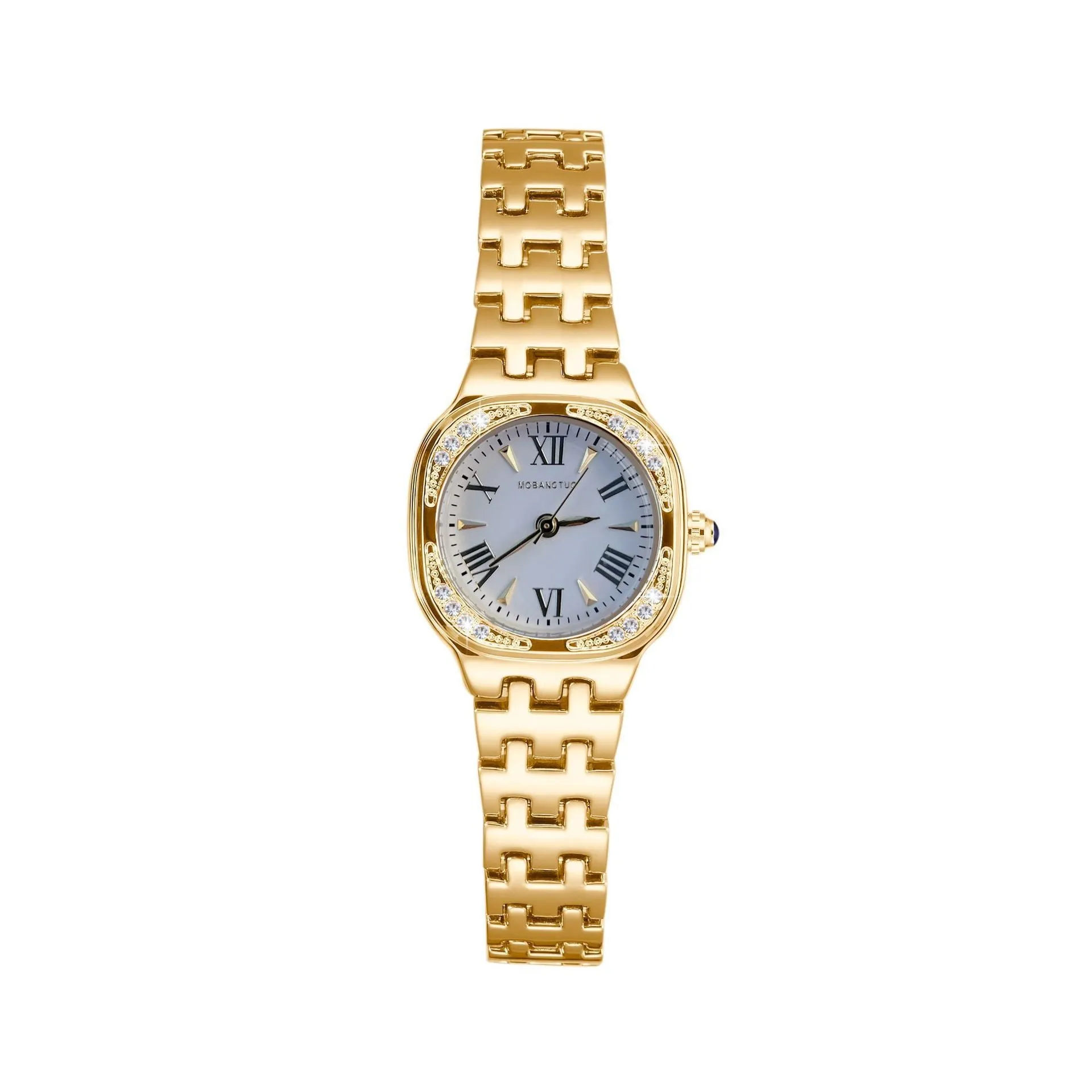 Women's square stereo quartz watch in gold with alloy case and slim 9mm profile