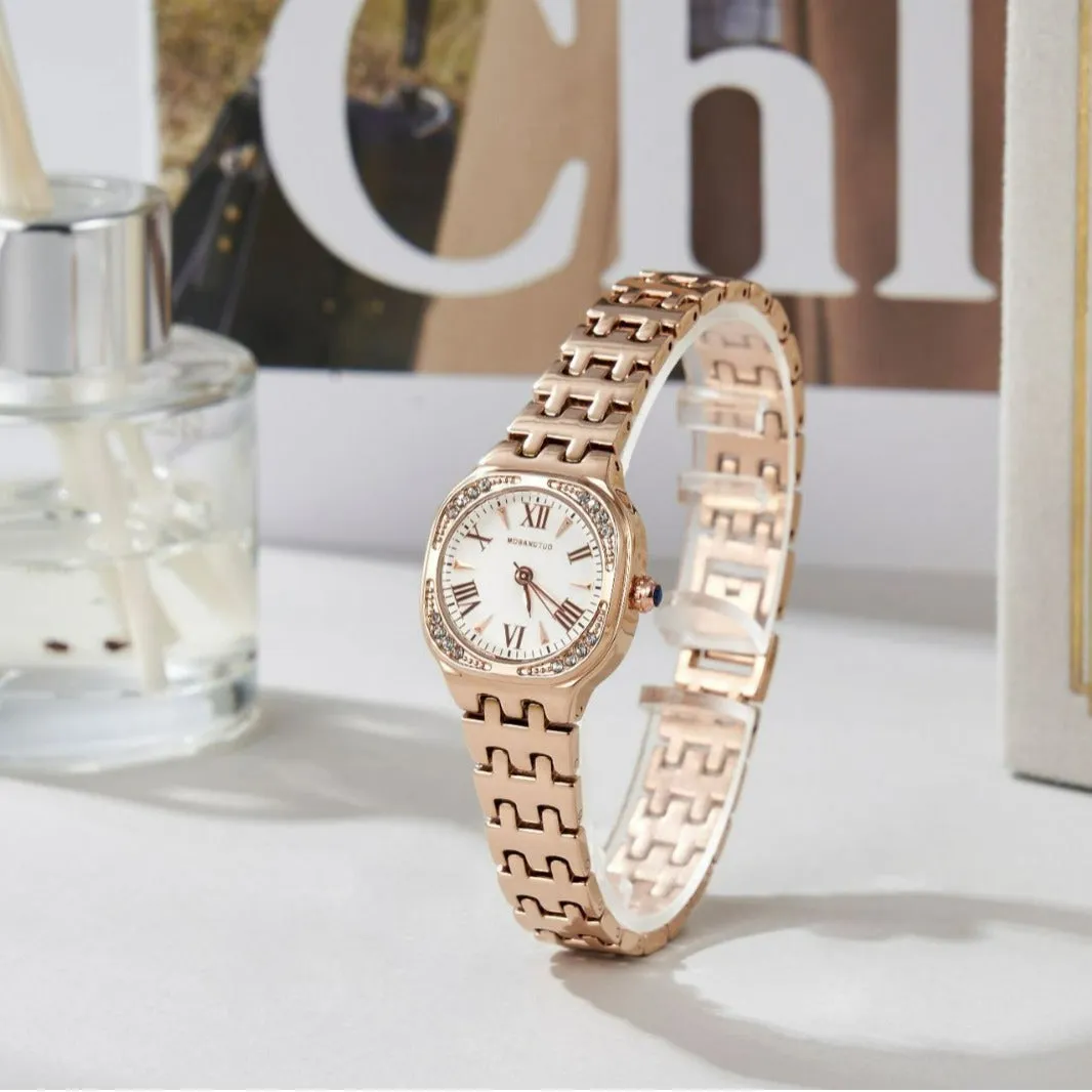 Women's square stereo quartz watch in gold with alloy case and slim 9mm profile
