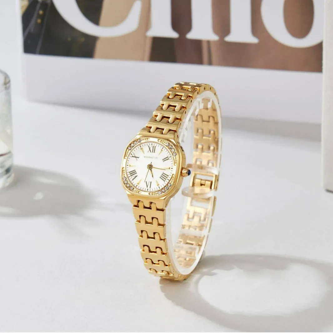 Women's square stereo quartz watch in gold with alloy case and slim 9mm profile