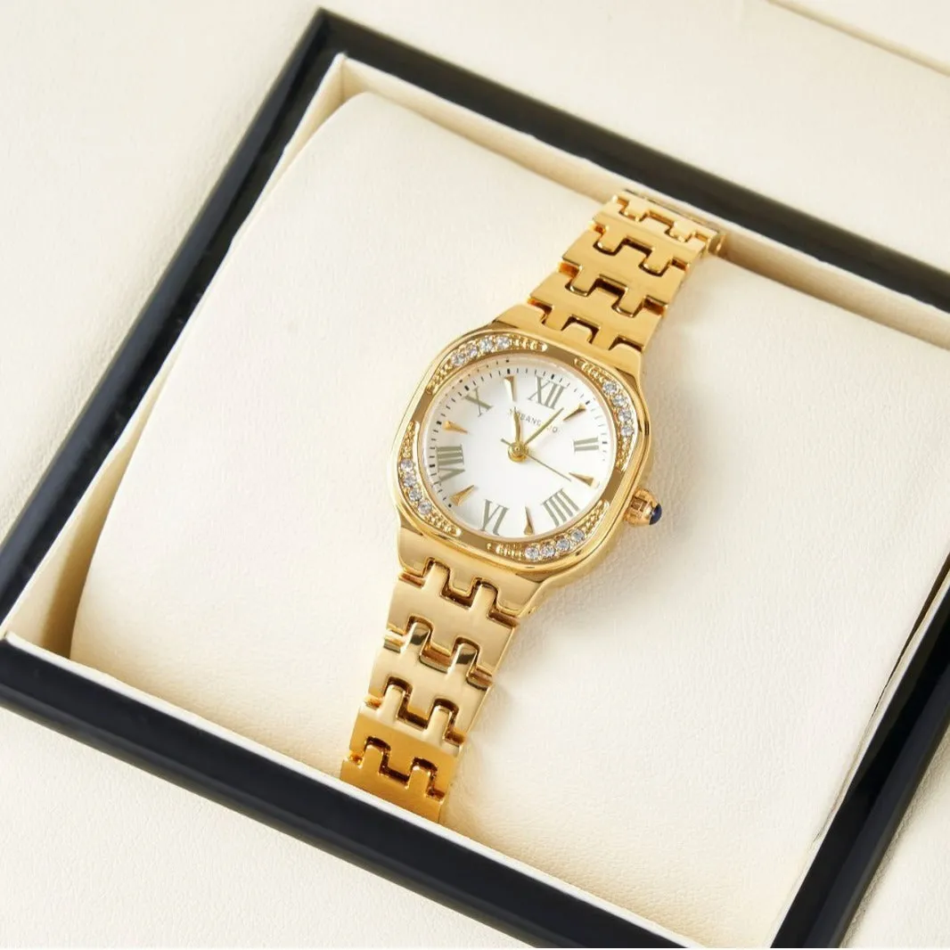 Women's square stereo quartz watch in gold with alloy case and slim 9mm profile