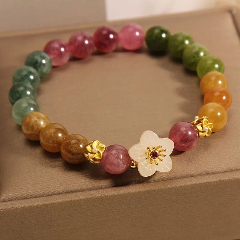 Natural tourmaline flower bracelet with geometric shapes and electroplated metal components