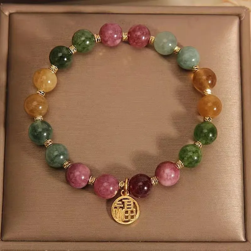 Natural tourmaline flower bracelet with geometric shapes and electroplated metal components