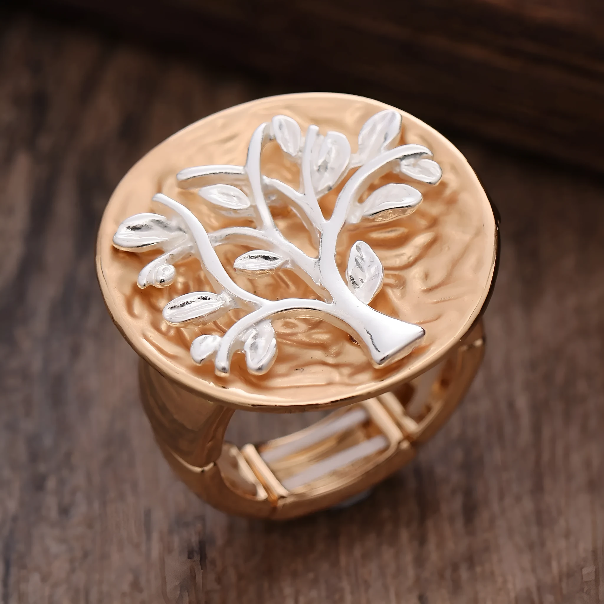 Round hollow colour painting oil lucky tree stretch ring in silver and gold tones for women