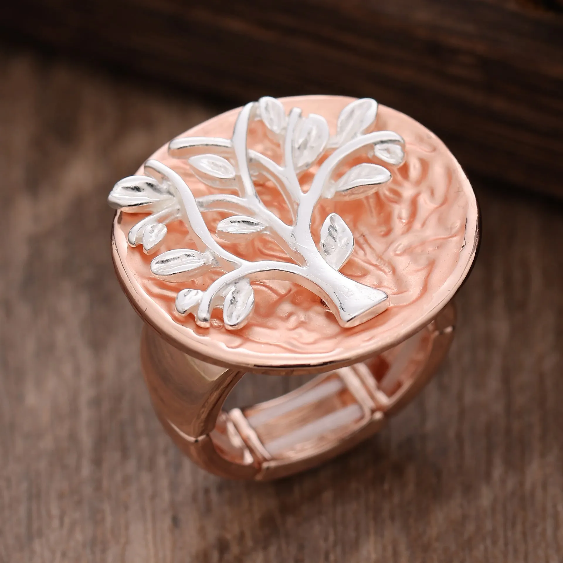 Round hollow colour painting oil lucky tree stretch ring in silver and gold tones for women