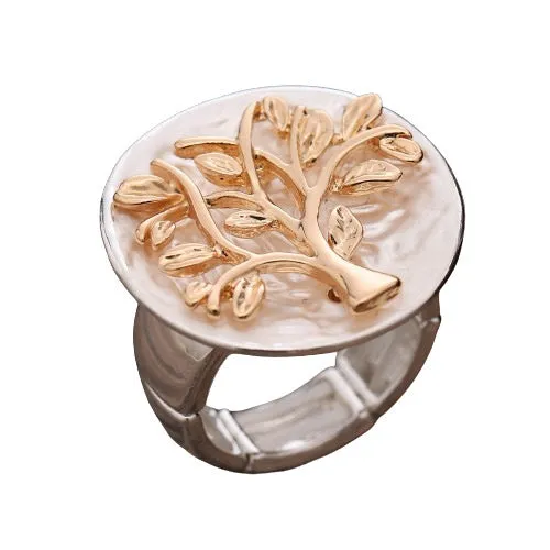 Round hollow colour painting oil lucky tree stretch ring in silver and gold tones for women
