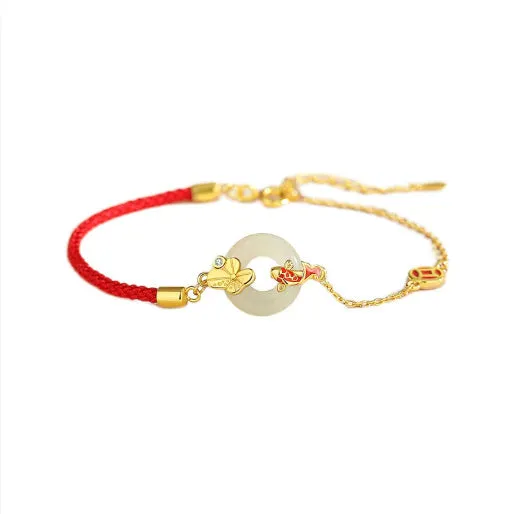 925 sterling silver red rope bracelet with a gold koi peace buckle safety clasp.