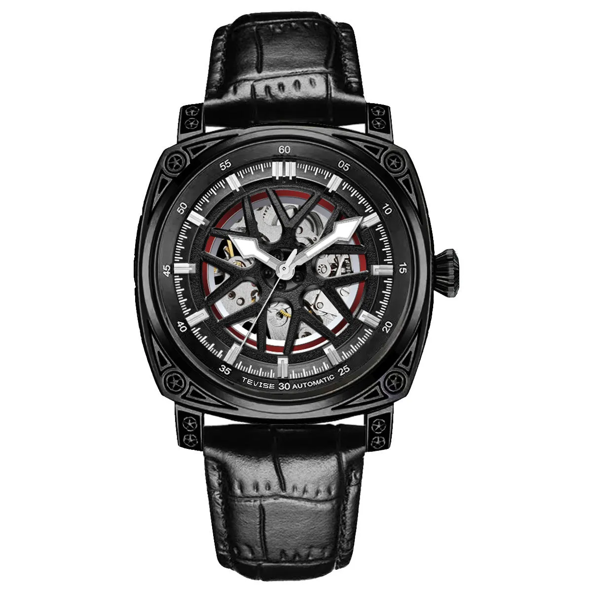 Automatic mechanical men's watch with stainless steel case and blue leather strap.