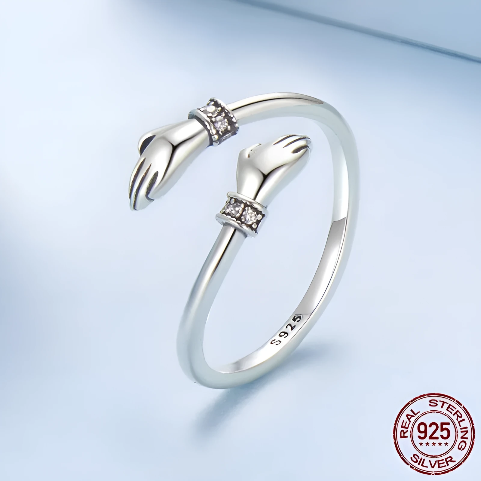 Silver simple hug ring with free size design and old processing finish on women's finger