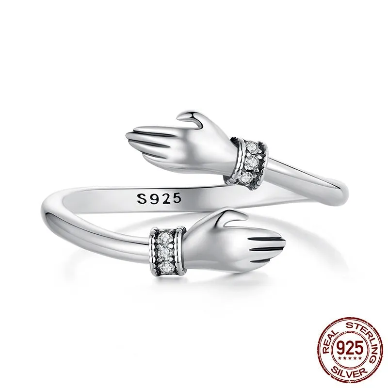 Silver simple hug ring with free size design and old processing finish on women's finger
