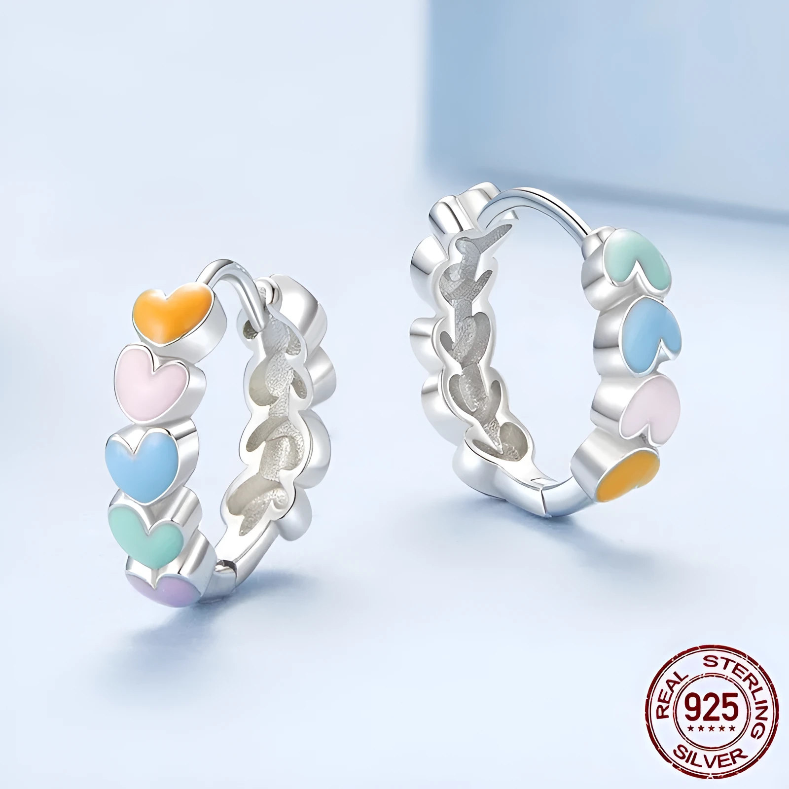 Women's rainbow love S925 sterling silver heart earrings with electroplated finish, colour BSE1167