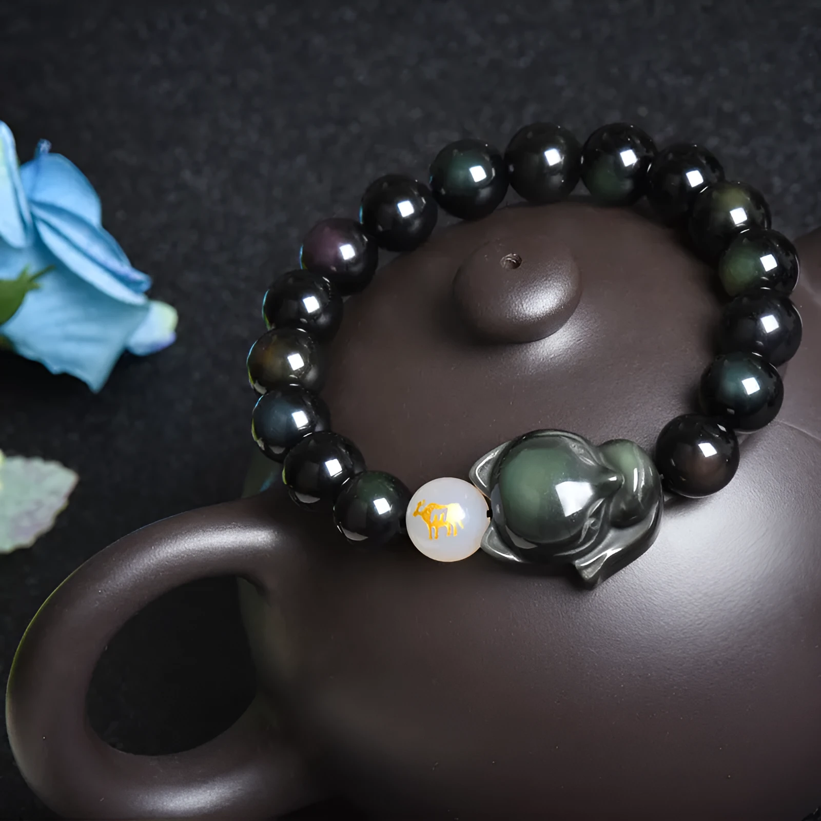 10mm obsidian bracelet with zodiac guardian charm in three style variations