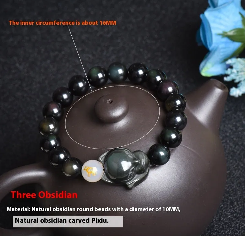 10mm obsidian bracelet with zodiac guardian charm in three style variations