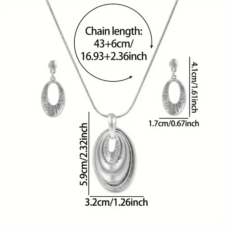 Mid-ancient three-layer coil necklace and earrings set, retro geometric design, zinc alloy, electroplated finish, on sweater