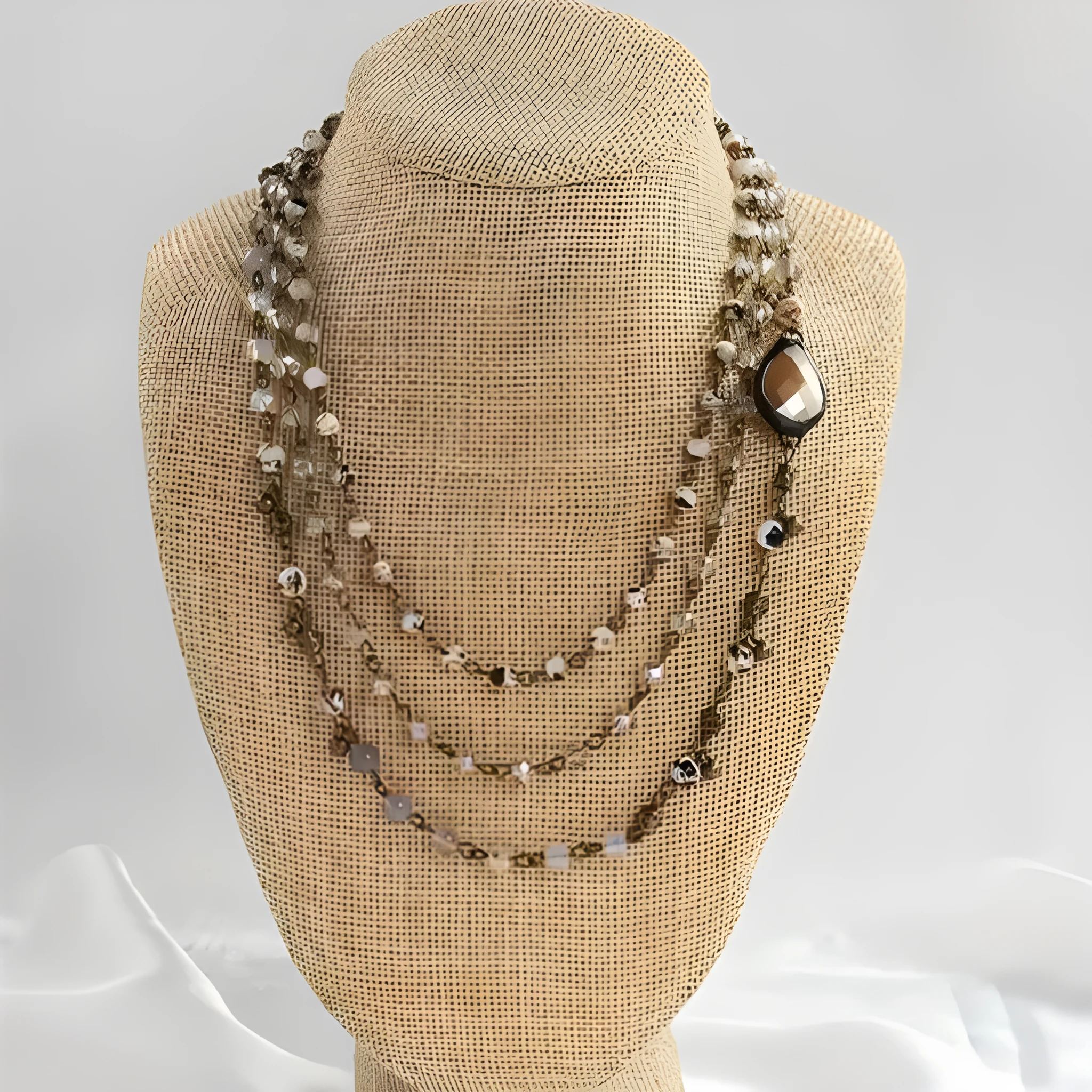 Handmade bohemian multi-layer necklace with natural stone and glass drop-shaped beads in blue-green colour