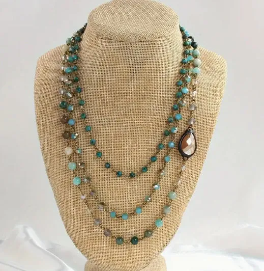 Handmade bohemian multi-layer necklace with natural stone and glass drop-shaped beads in blue-green colour