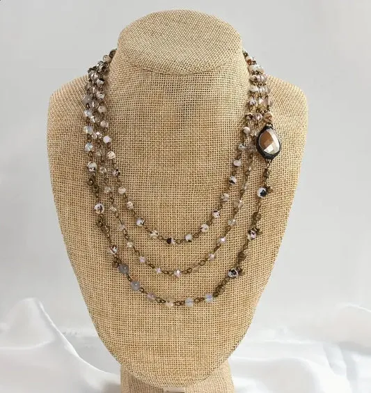 Handmade bohemian multi-layer necklace with natural stone and glass drop-shaped beads in blue-green colour