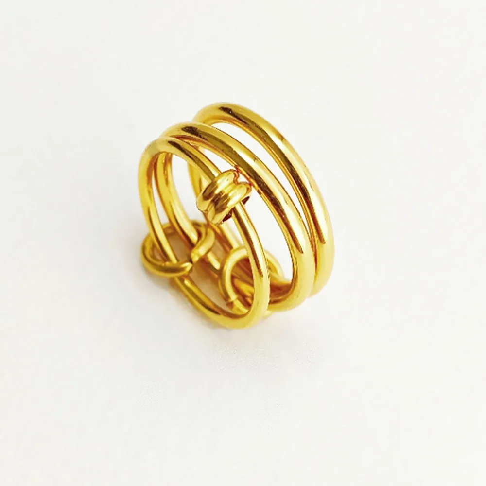 Sanhuan titanium steel ring geometric line design Trinity gold B398 on finger unisex size no 7
