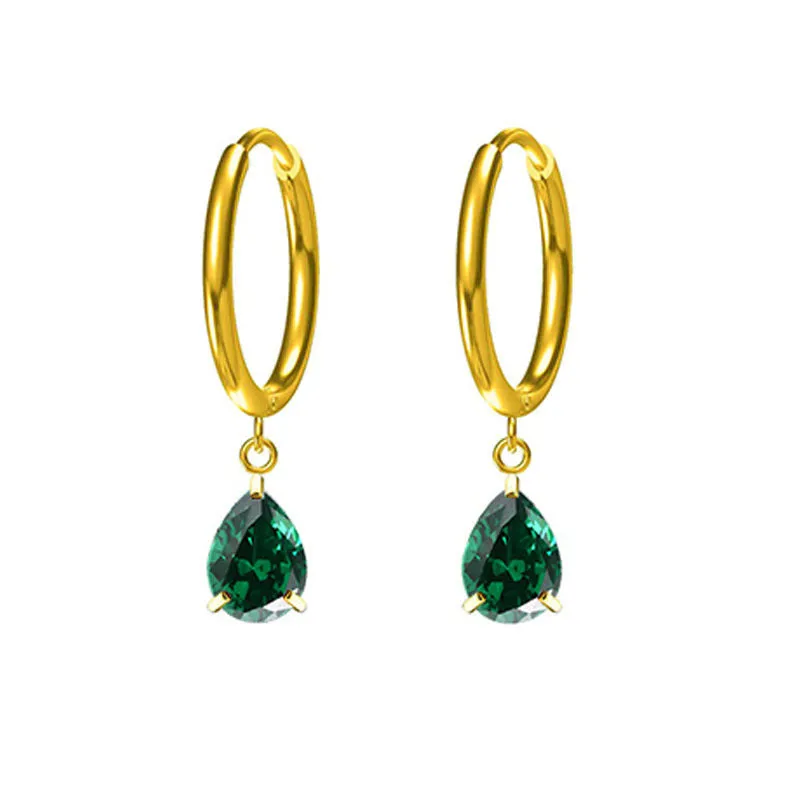 Drop-shaped zircon earrings in seven colours on a woman's earlobe titanium steel geometric design