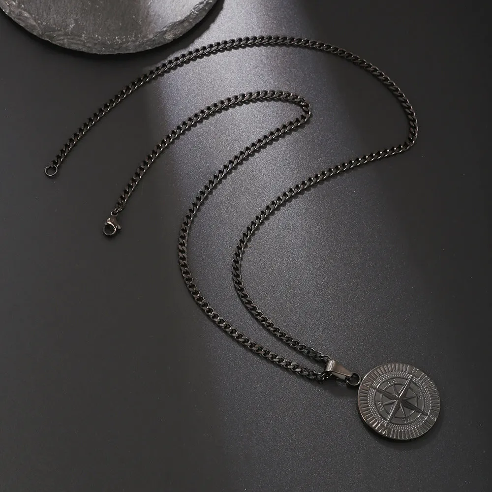Titanium steel compass pendant necklace in gold, silver and black colours with regular chain