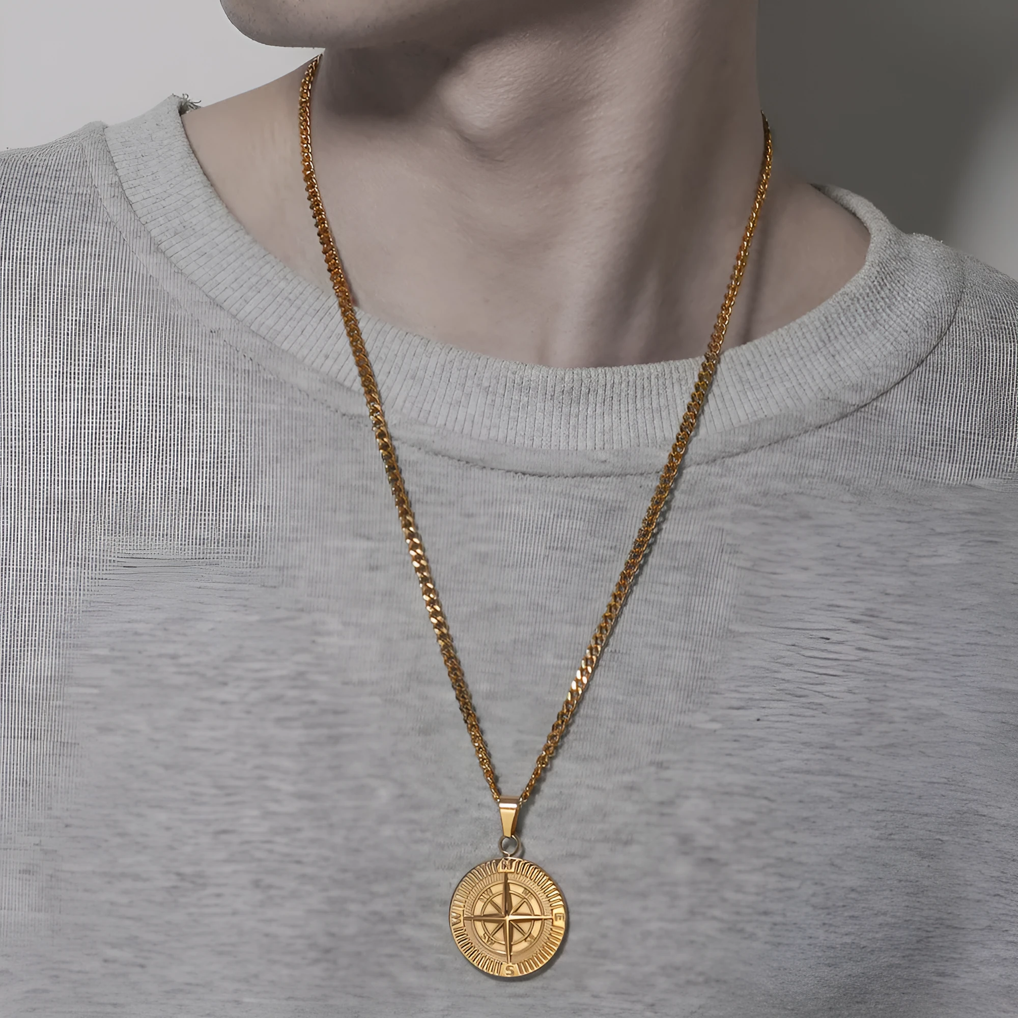Titanium steel compass pendant necklace in gold, silver and black colours with regular chain