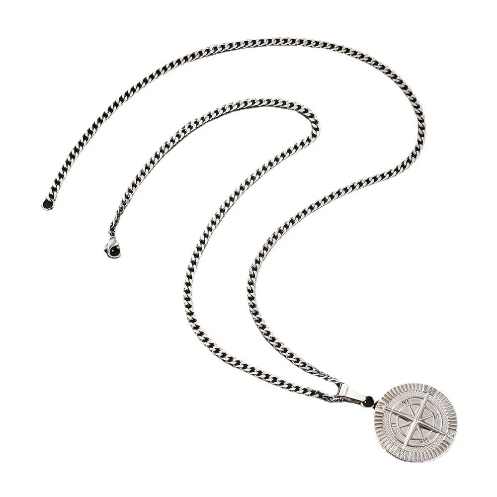 Titanium steel compass pendant necklace in gold, silver and black colours with regular chain