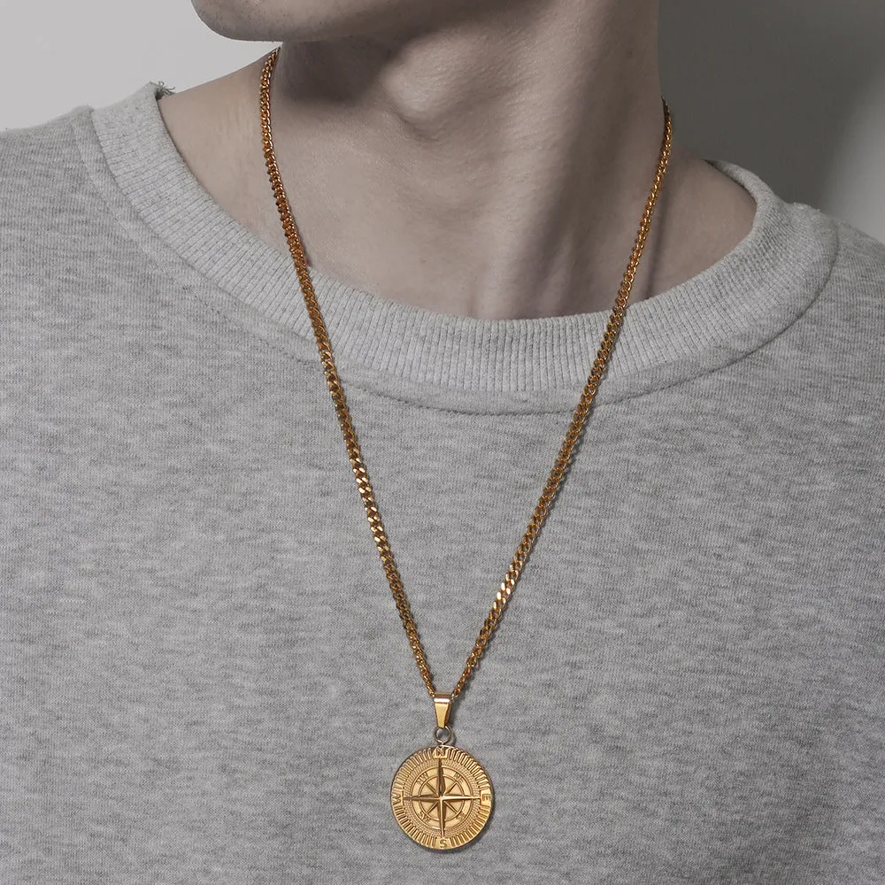 Titanium steel compass pendant necklace in gold, silver and black colours with regular chain