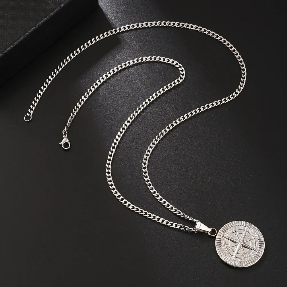 Titanium steel compass pendant necklace in gold, silver and black colours with regular chain