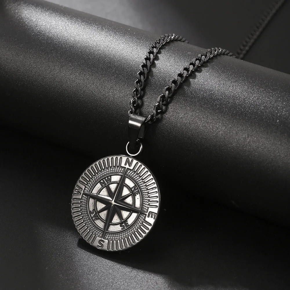 Titanium steel compass pendant necklace in gold, silver and black colours with regular chain