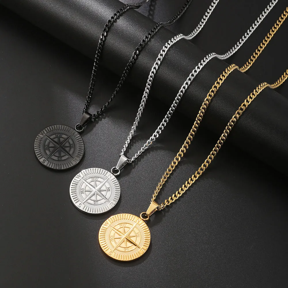 Titanium steel compass pendant necklace in gold, silver and black colours with regular chain