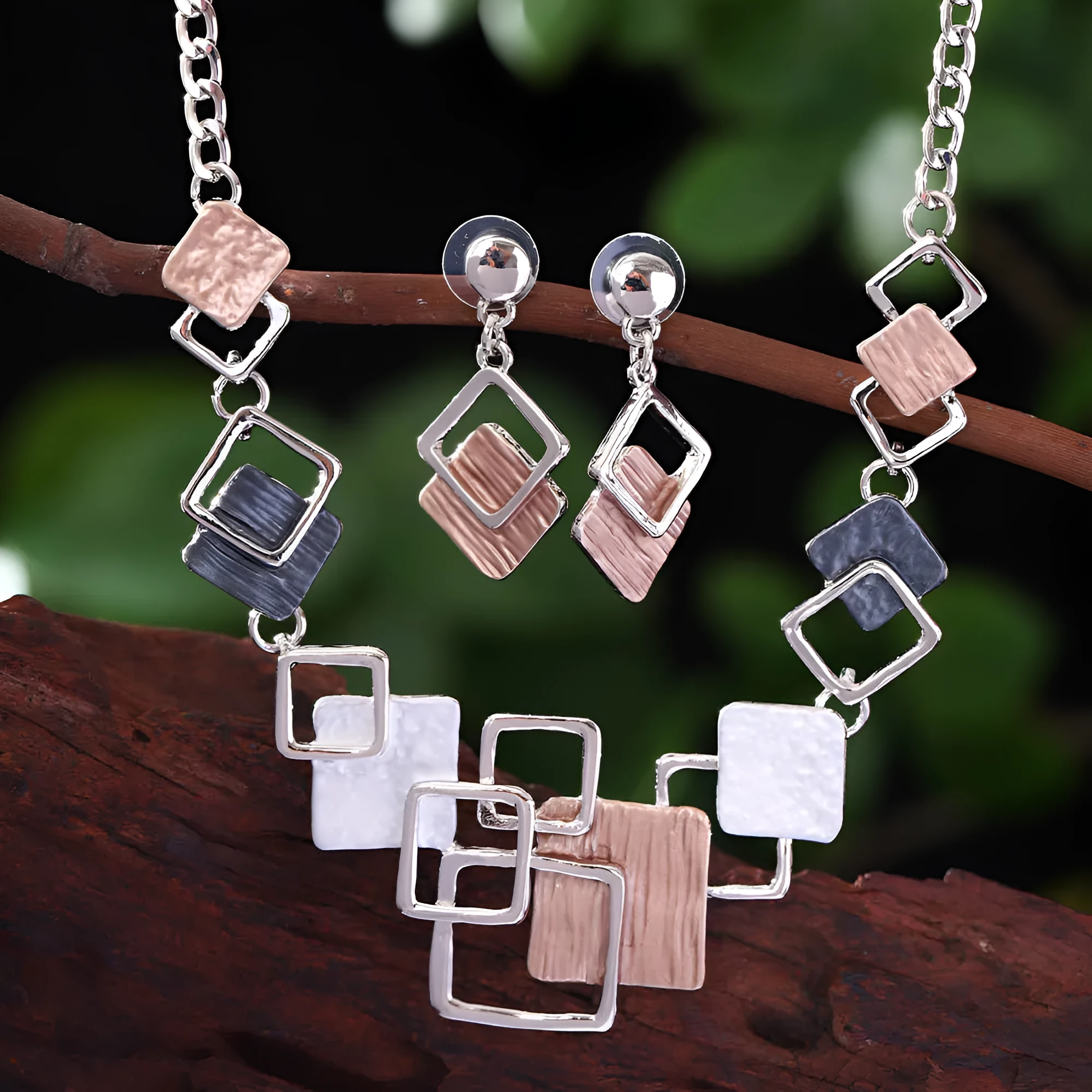 Zinc alloy geometric square hollow necklace and earrings kit with curb chain and dripping oil colour finish for women