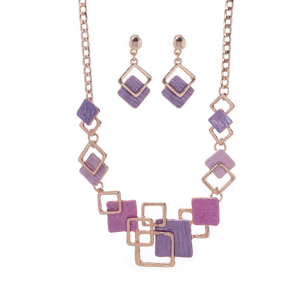 Zinc alloy geometric square hollow necklace and earrings kit with curb chain and dripping oil colour finish for women