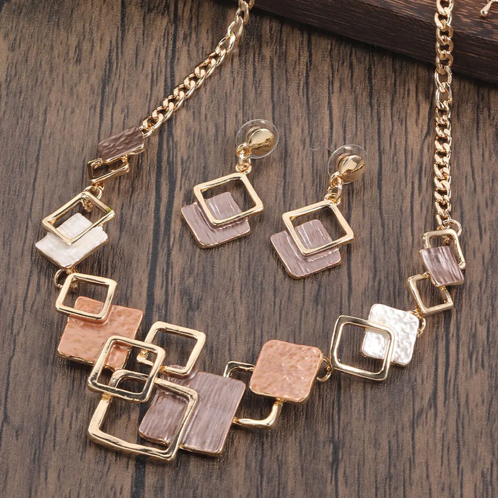 Zinc alloy geometric square hollow necklace and earrings kit with curb chain and dripping oil colour finish for women