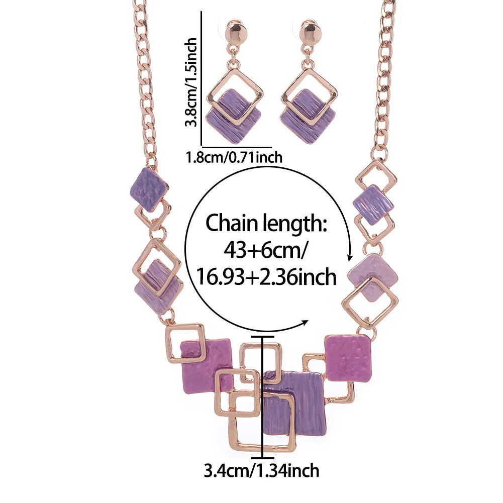 Zinc alloy geometric square hollow necklace and earrings kit with curb chain and dripping oil colour finish for women