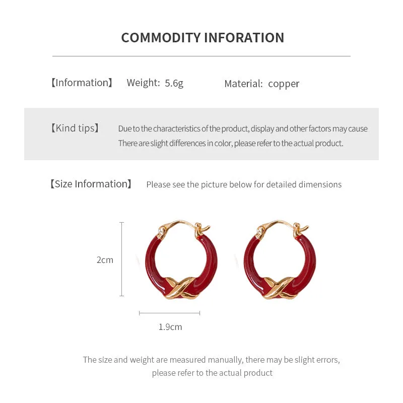 Real gold plating red enamel earrings for women copper geometric ear clip letter motif